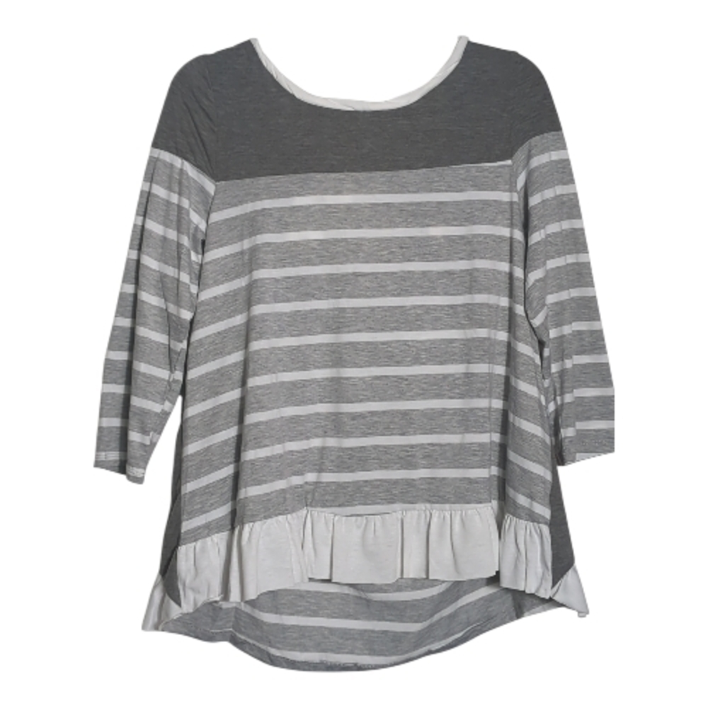 Umgee Small Gray/White Striped Shirt Ruffle Hem Back Tie Romantic Feminine Boho